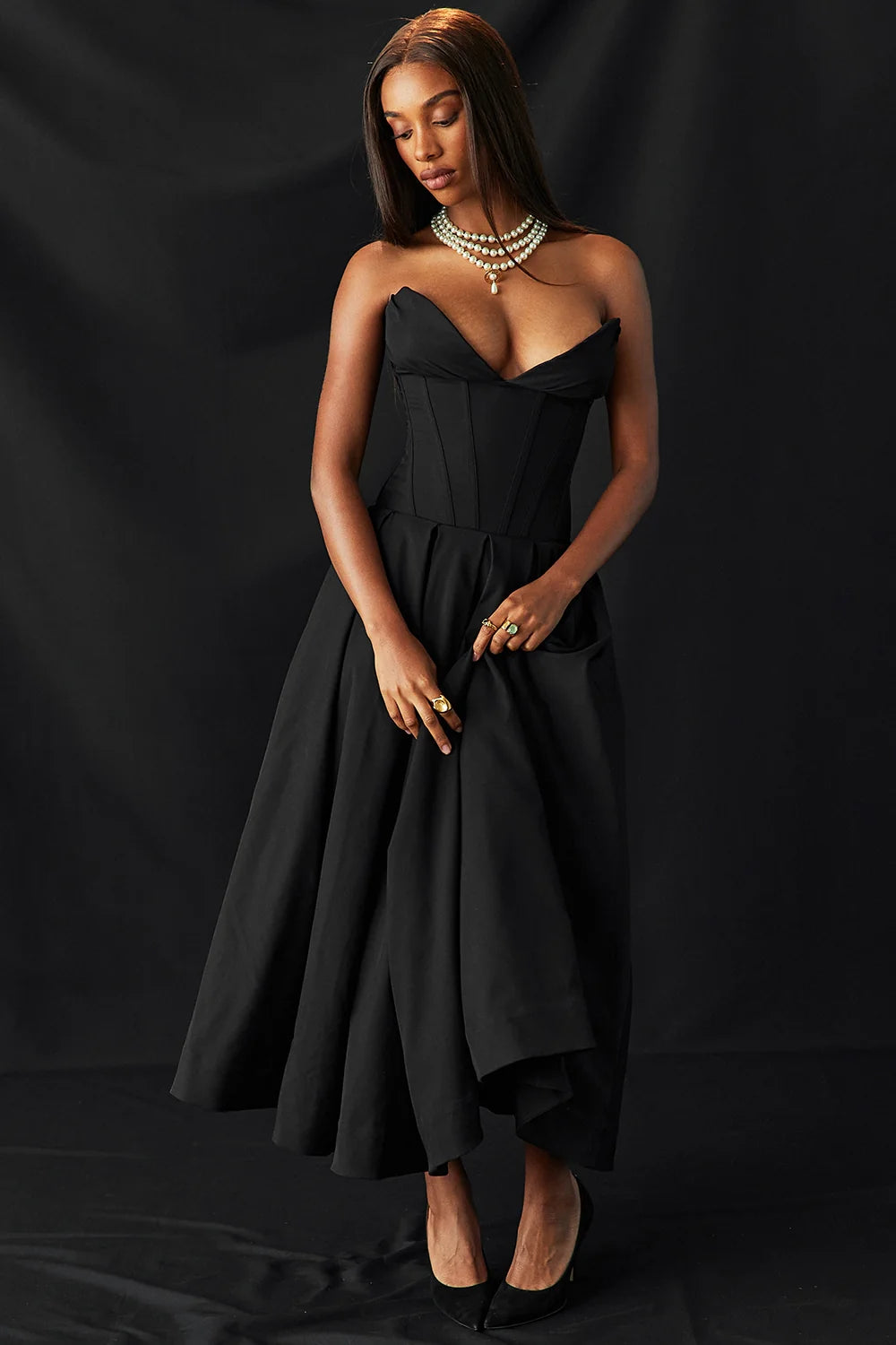 black strapless midi dress
