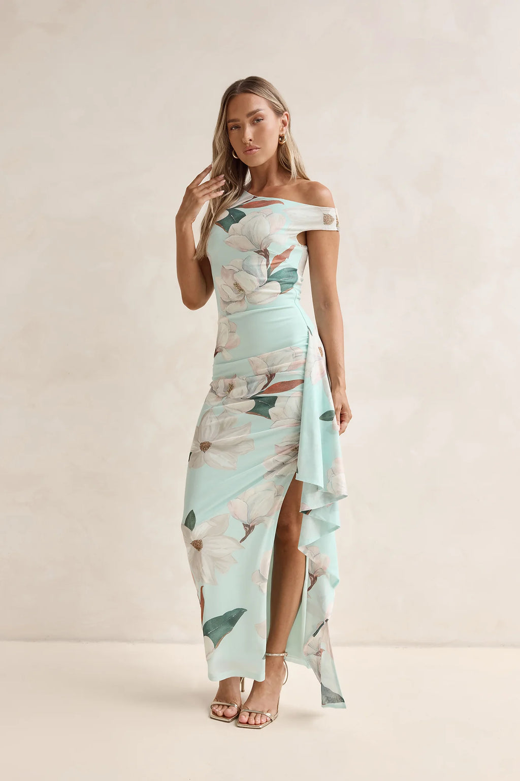 Case Of Flowers Off Shoulder Mesh Maxi Dress Mint