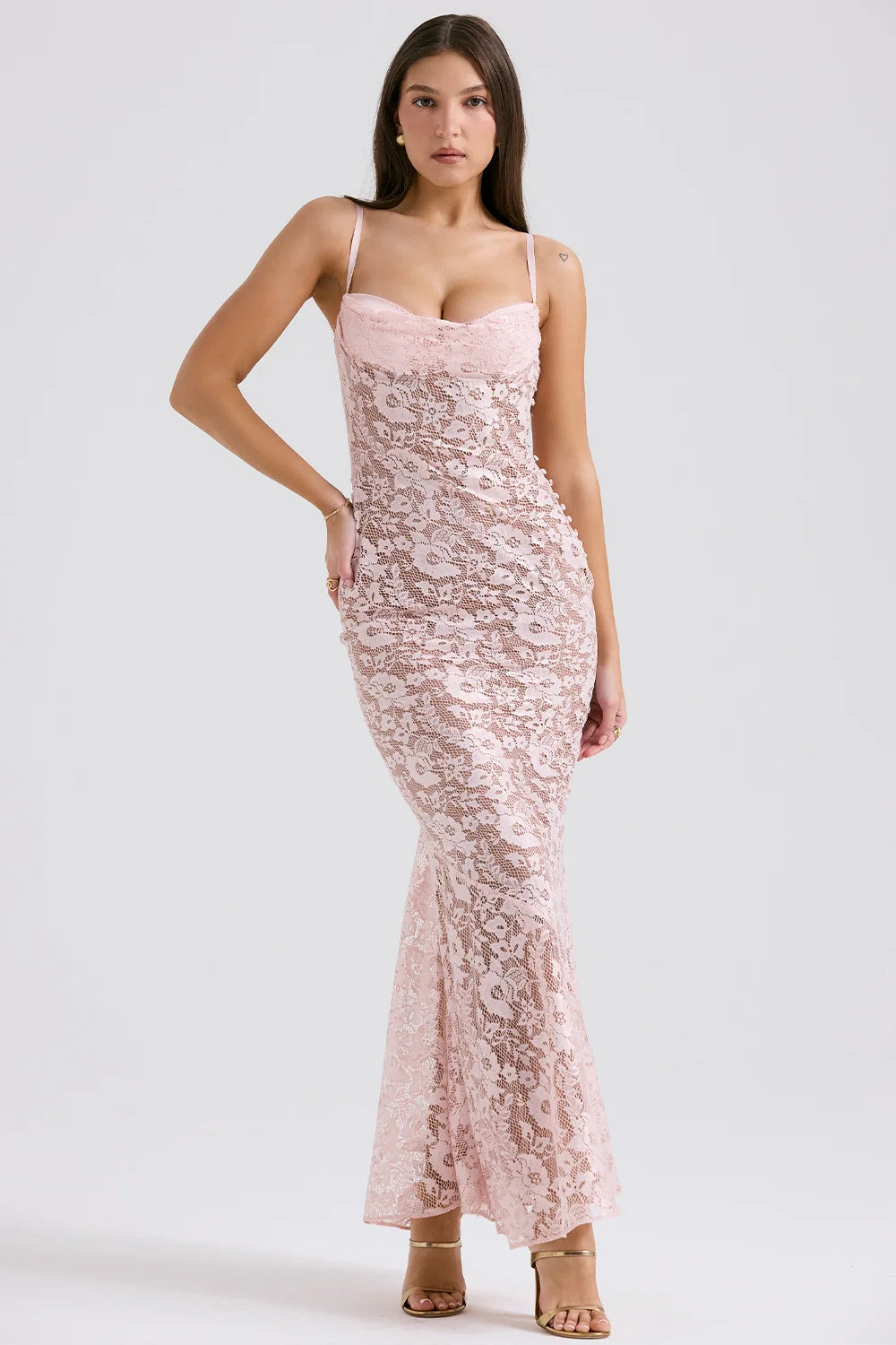 rose pink lace godet gown