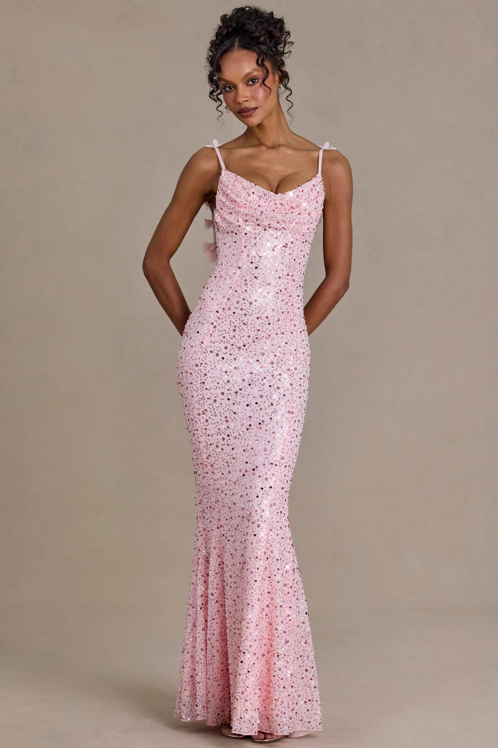 Premium Embellished Open-Back Maxi Dress in Baby Pink