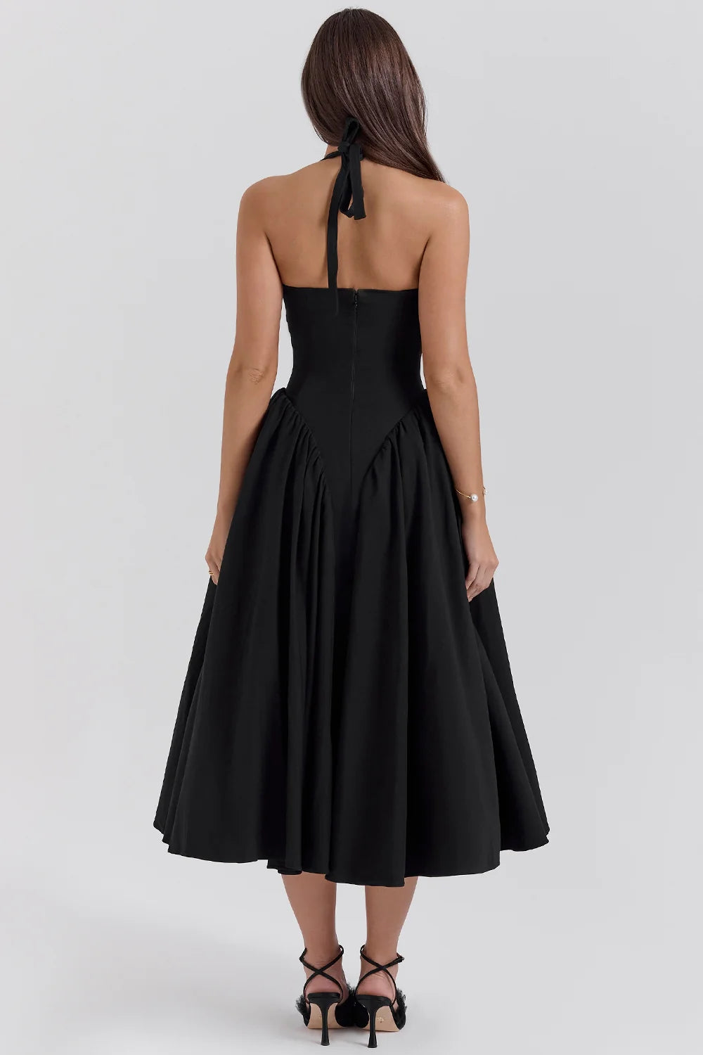 black twill halter midi dress