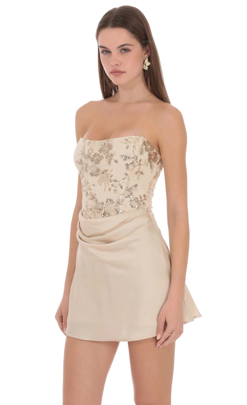 Virelia Corset Mini Dress in Gold
