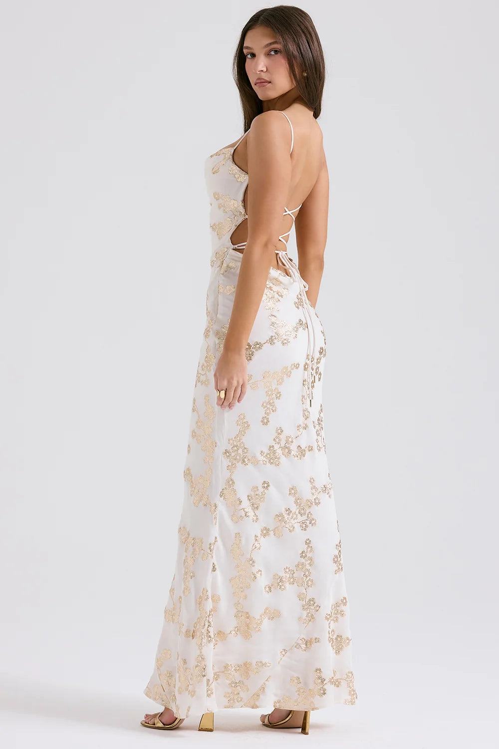 white & gold jacquard satin gown