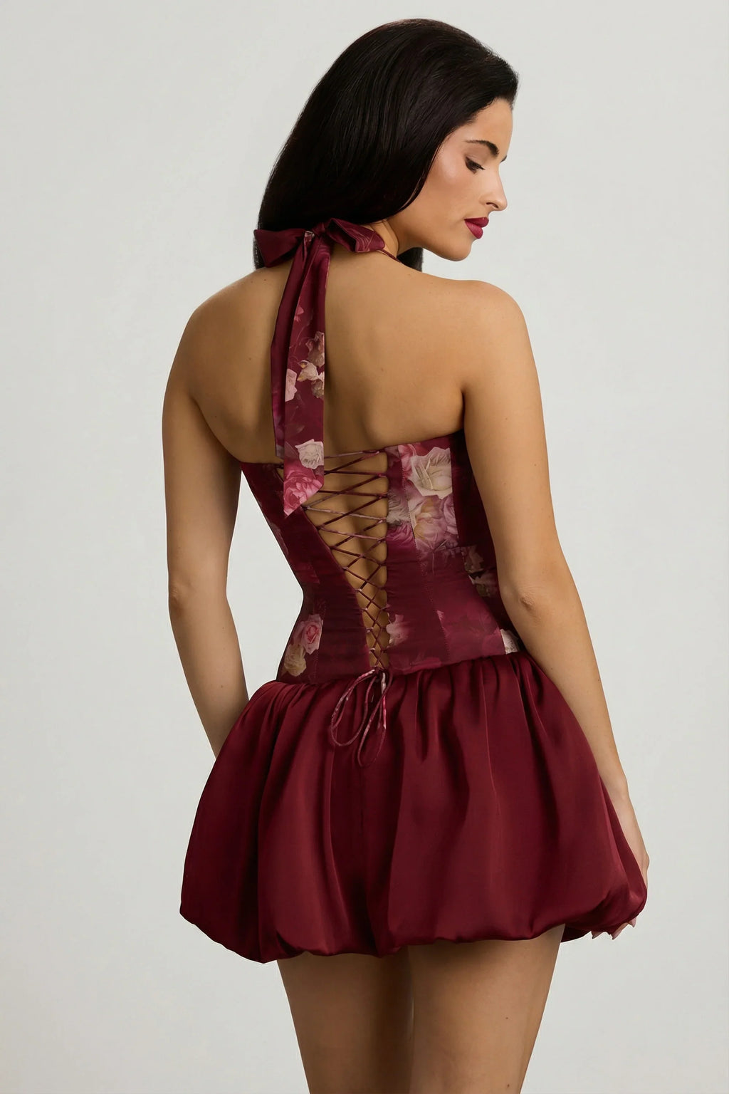Halterneck Lace-Up Bubble Hem Mini Dress in Maroon Floral Print