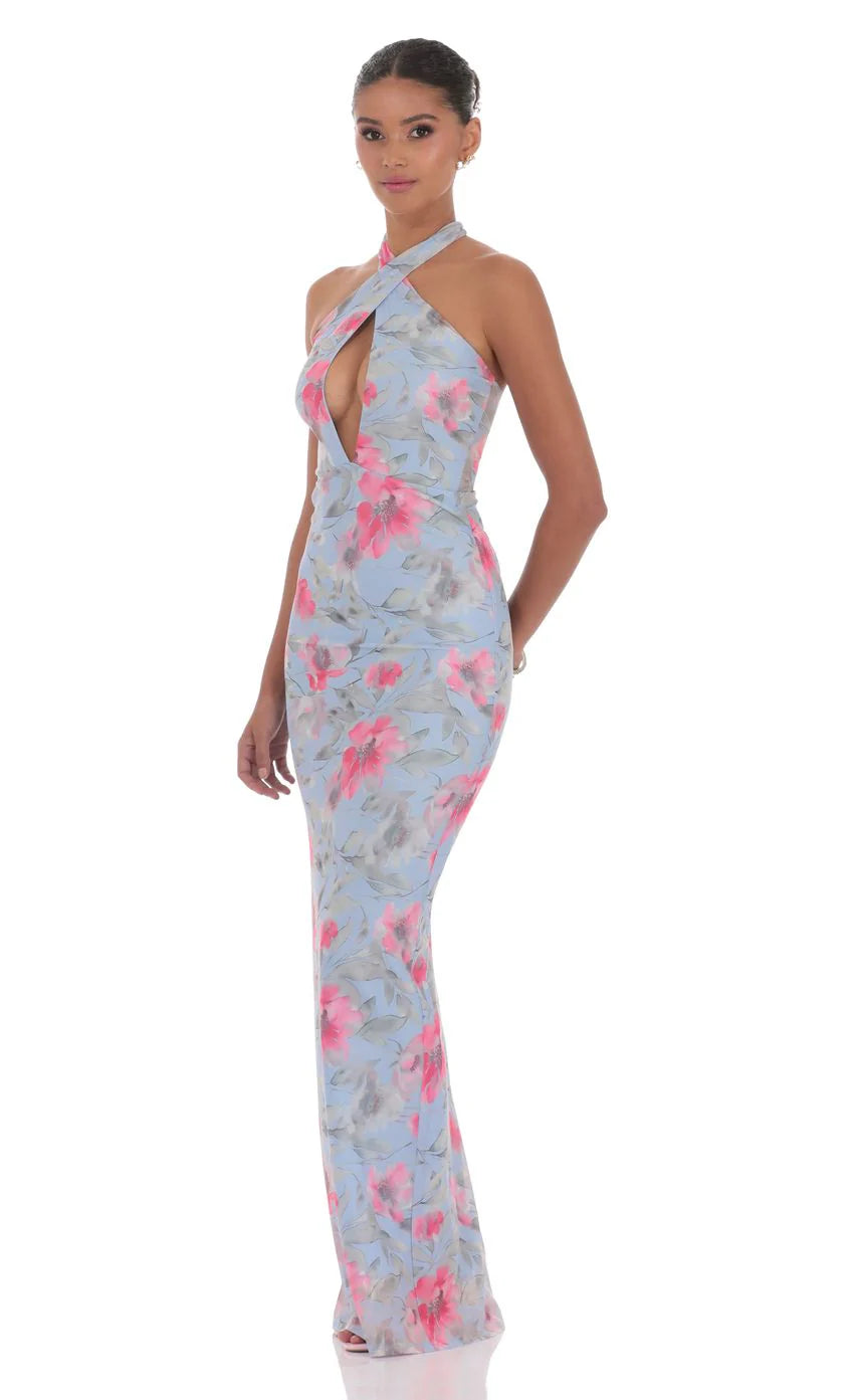 Floral Cutout Halter Maxi Dress in Blue
