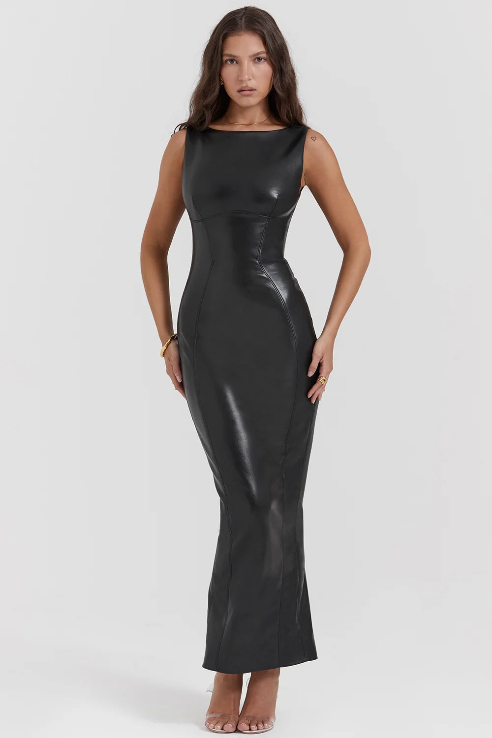 black vegan leather maxi dress