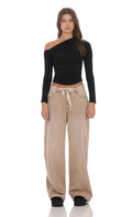 Drawstring Wide Leg Jeans in Camel