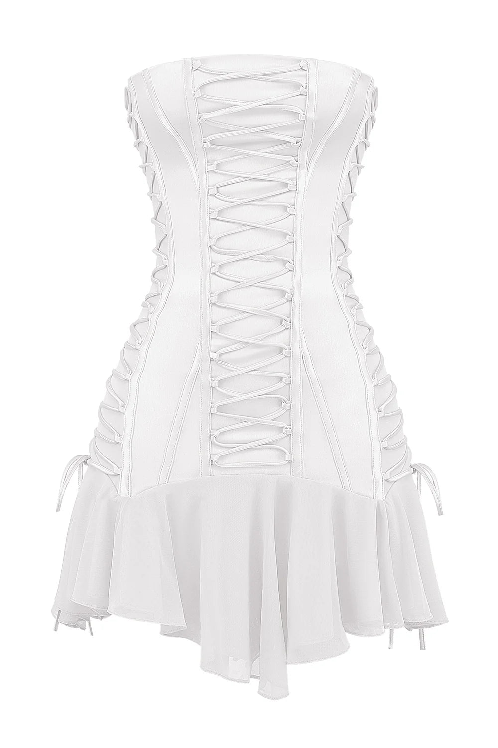 white strapless lace up mini dress