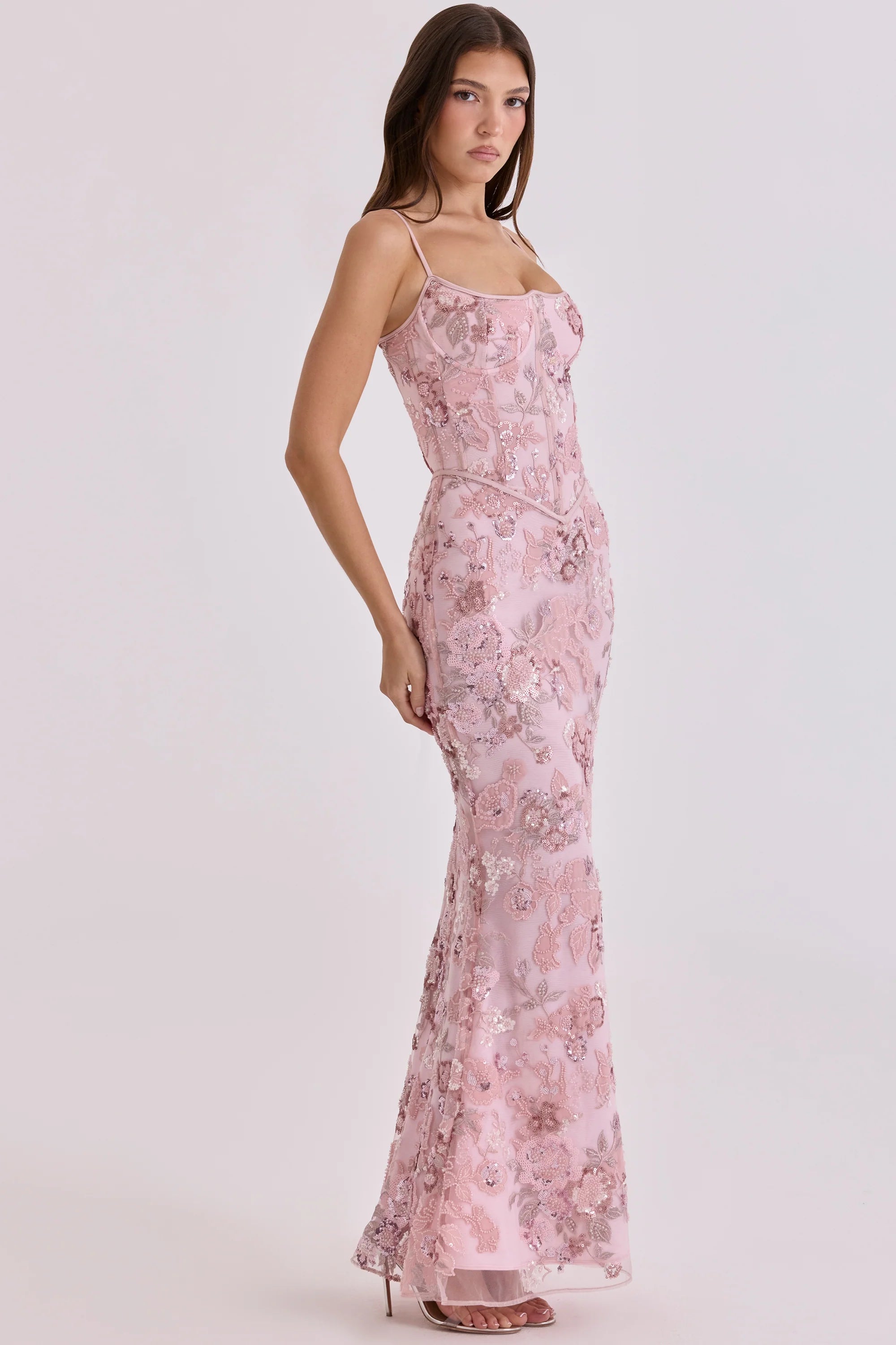 pink hand beaded embellished corset maxi dress - limited edition