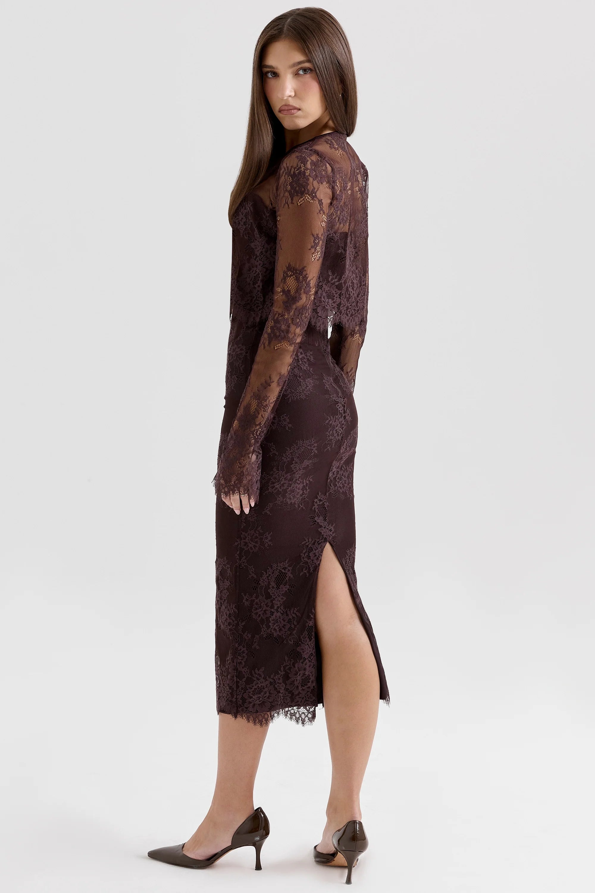 bitter chocolate lace corset midi dress & bolero