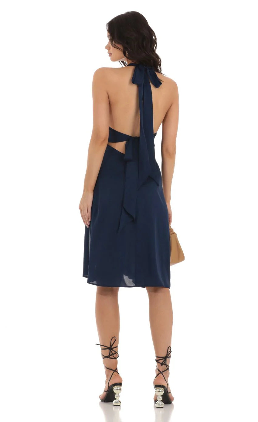 Satin Ruffle Slit Dress in Navy