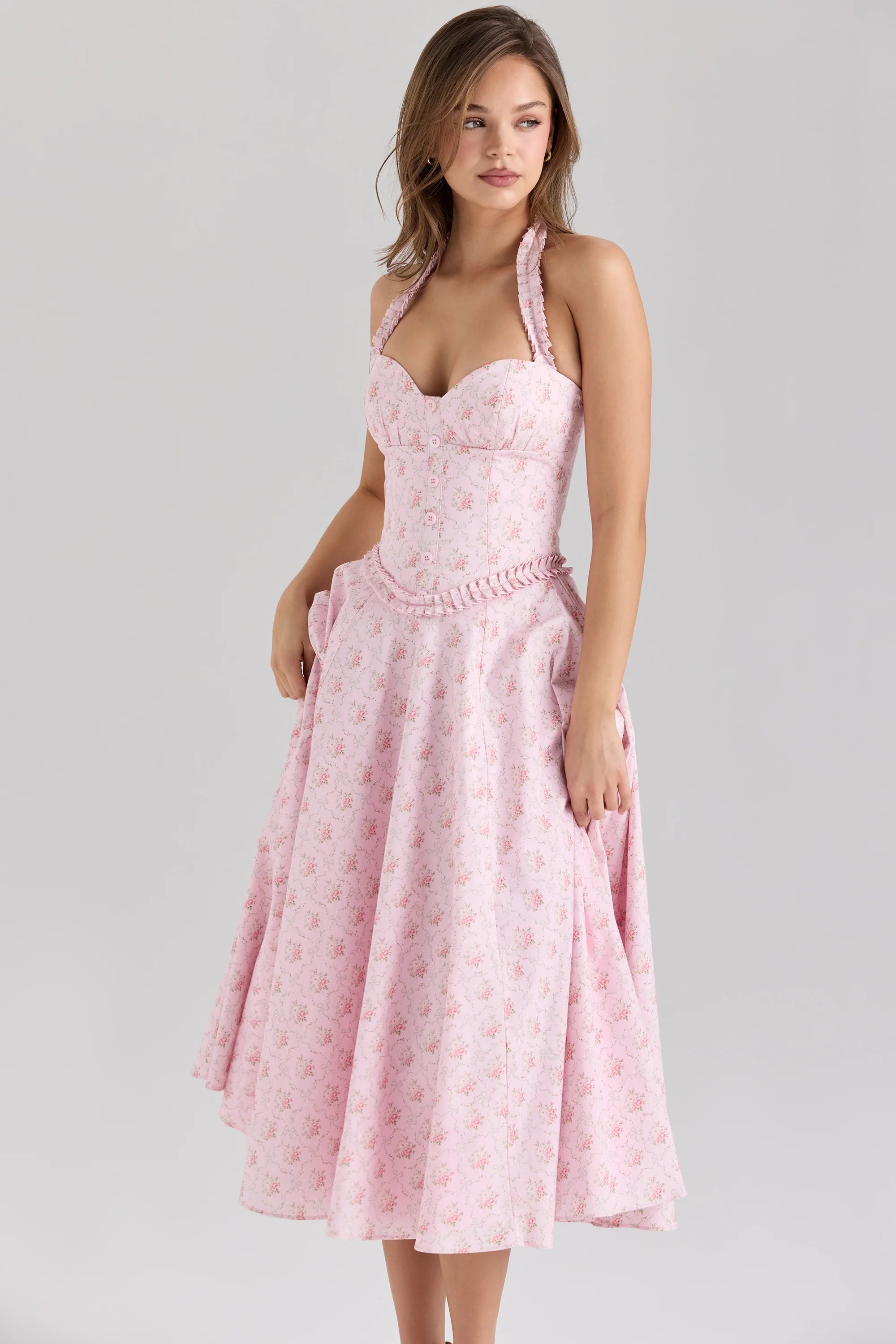 pink rose print stretch cotton halter neck midi dress