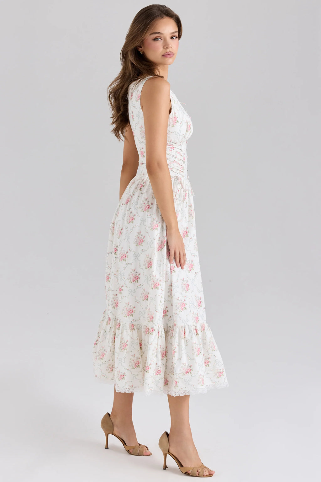 rose print stretch cotton lace up midi dress