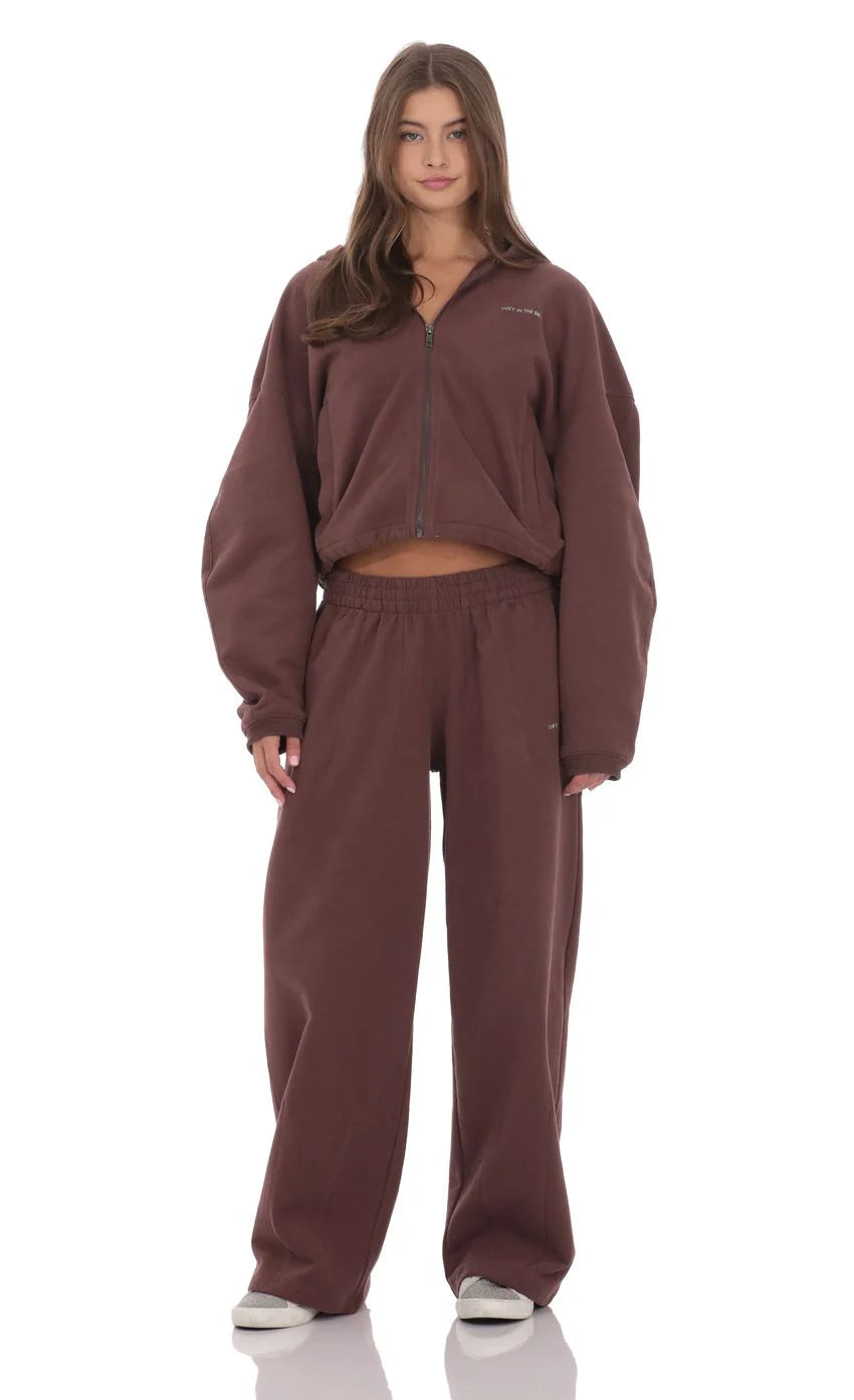 Cropped Fleece Zip-Up Hoodie in Brown