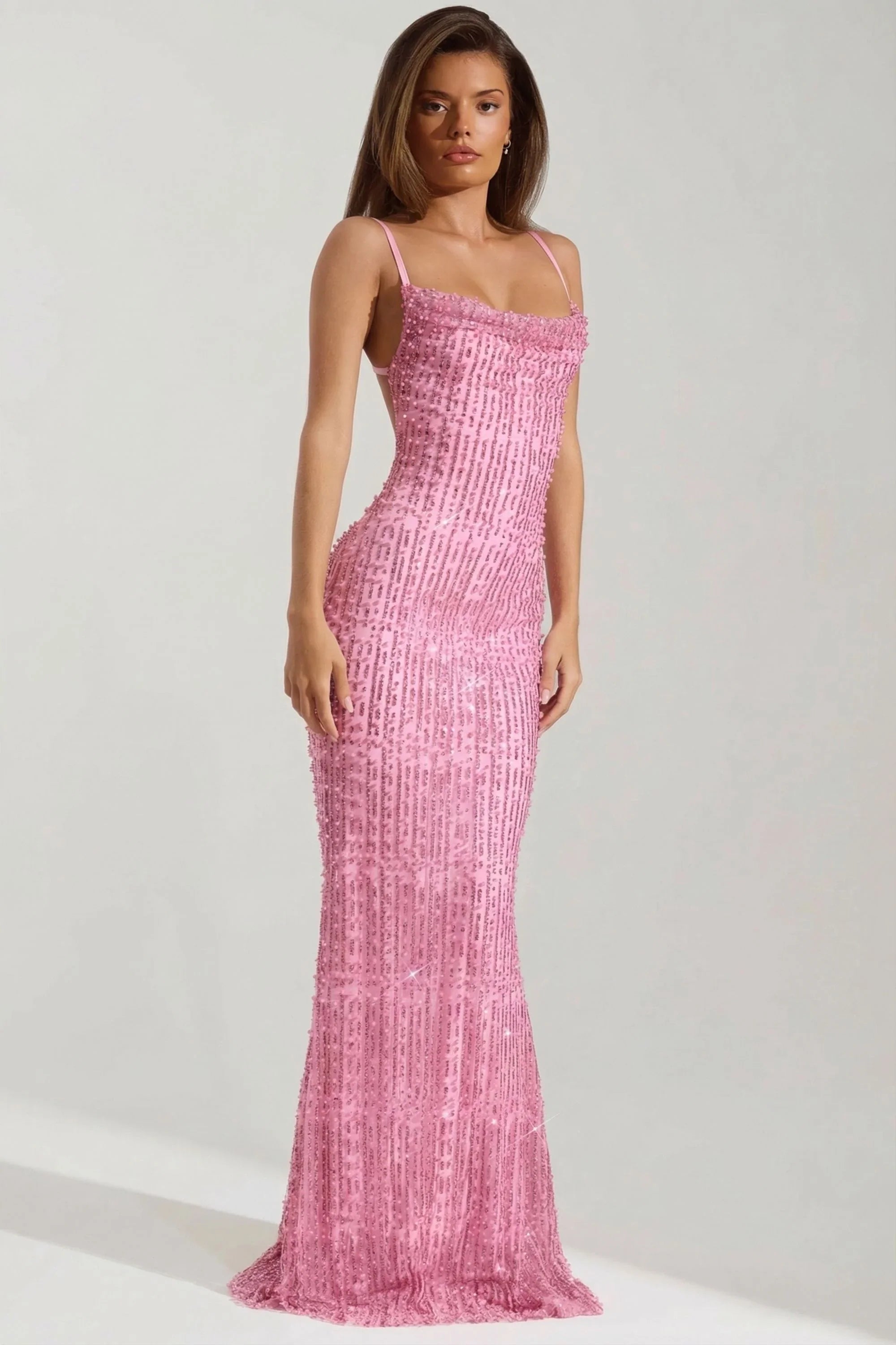 Embellished Cowl-Neck Backless Maxi Dress in Pink