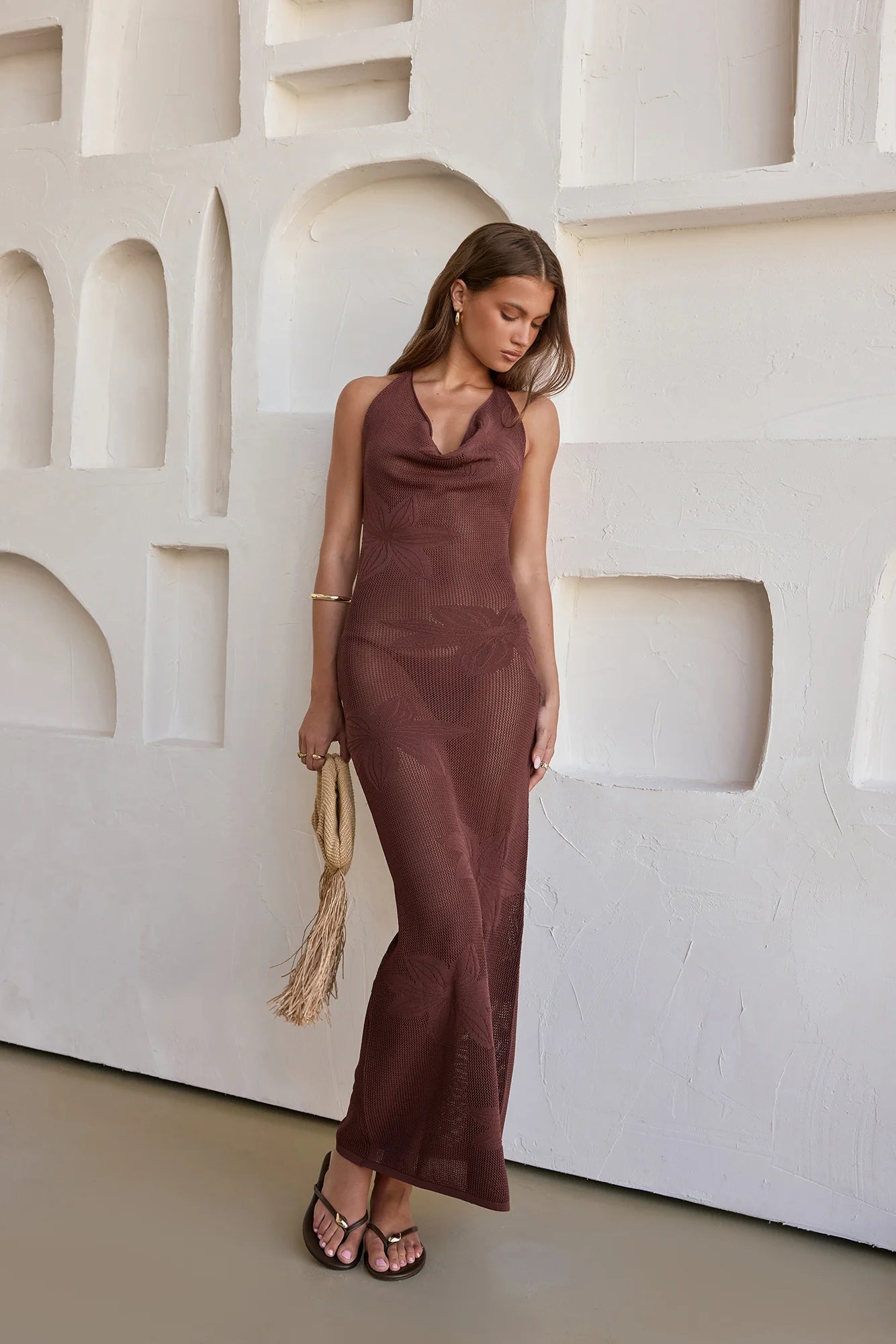 Flamingo Nights Halter Knit Maxi Dress Chocolate