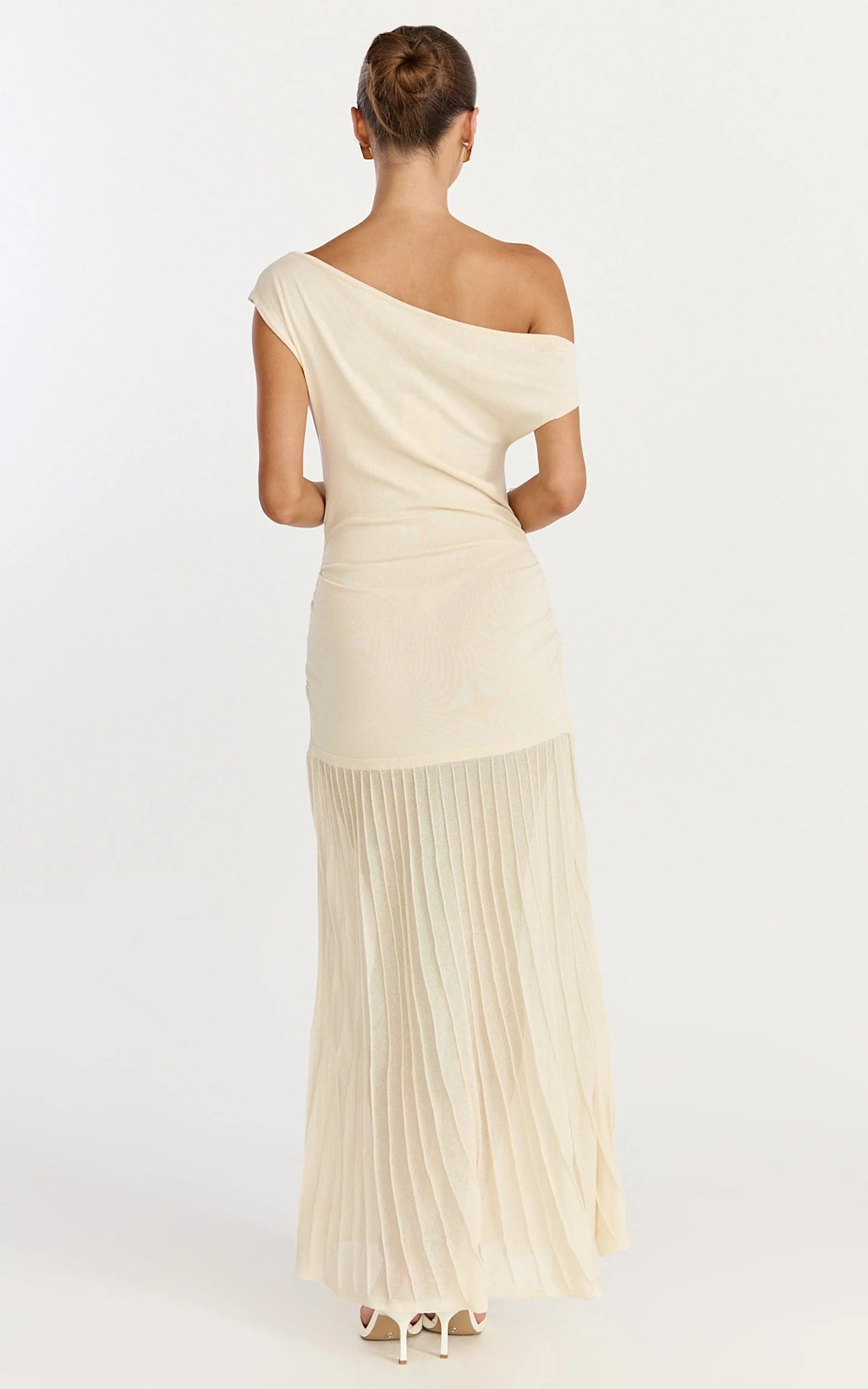 Roxy Maxi Dress - One Shoulder Pleated Skirt Knitted Dress in Cream