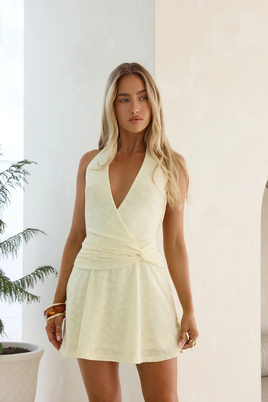 Flow With Me Halter Mini Dress Yellow