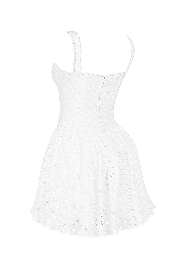 white cotton broderie anglais corset mini dress