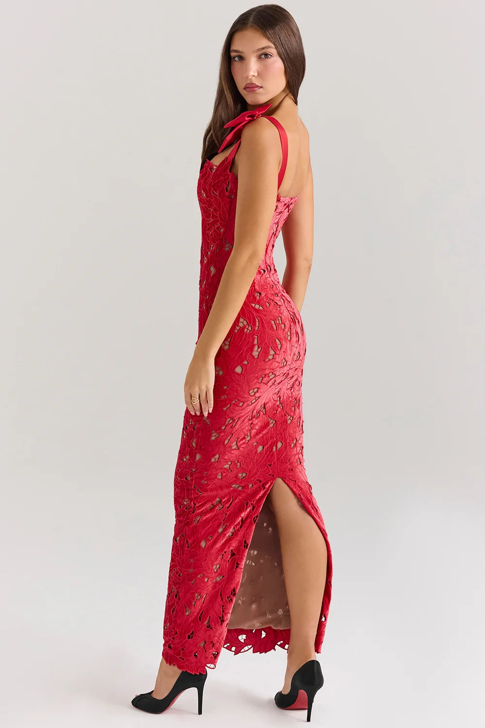 holly red velvet lace maxi dress
