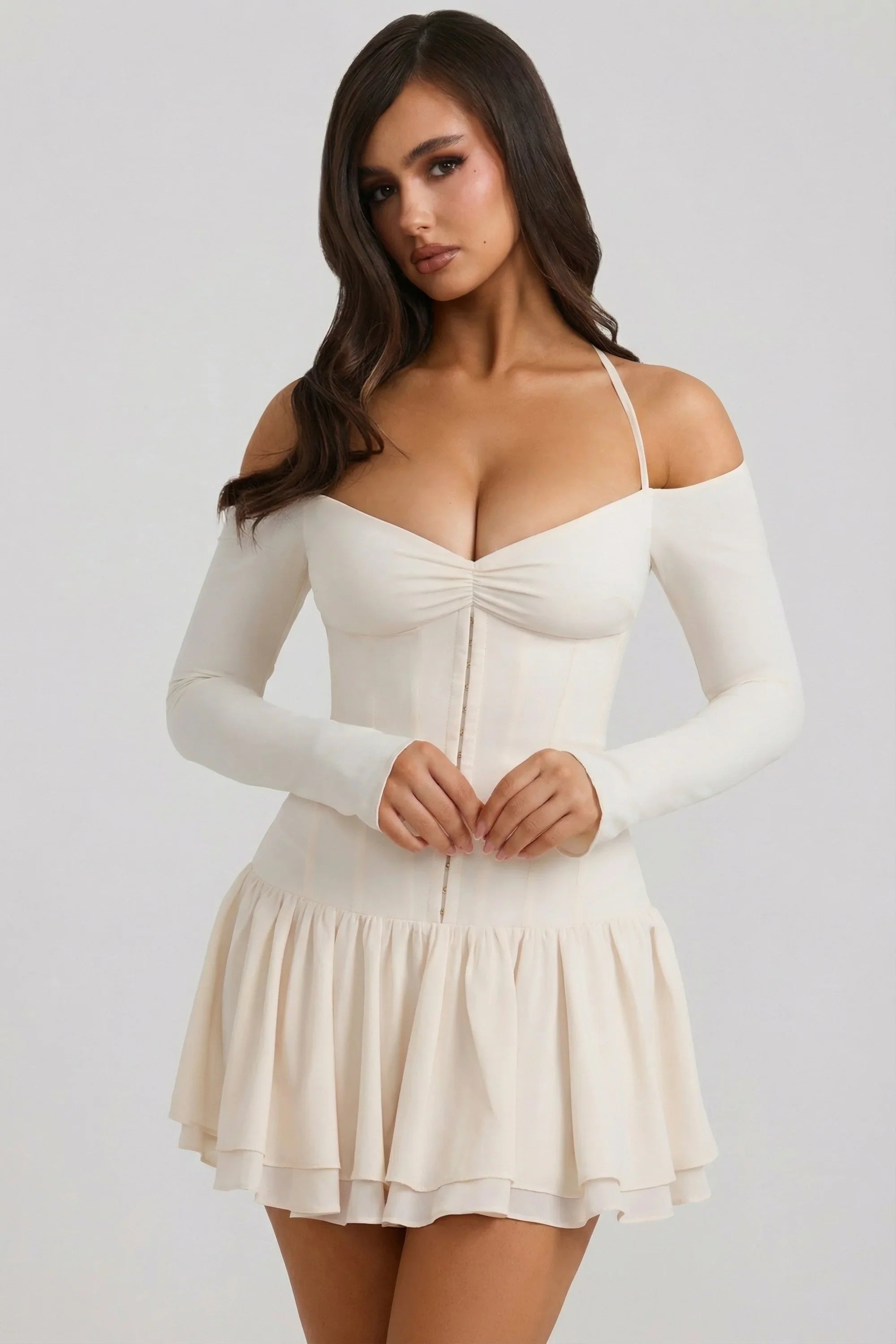Off-Shoulder Tiered Corset Mini Dress in Ivory