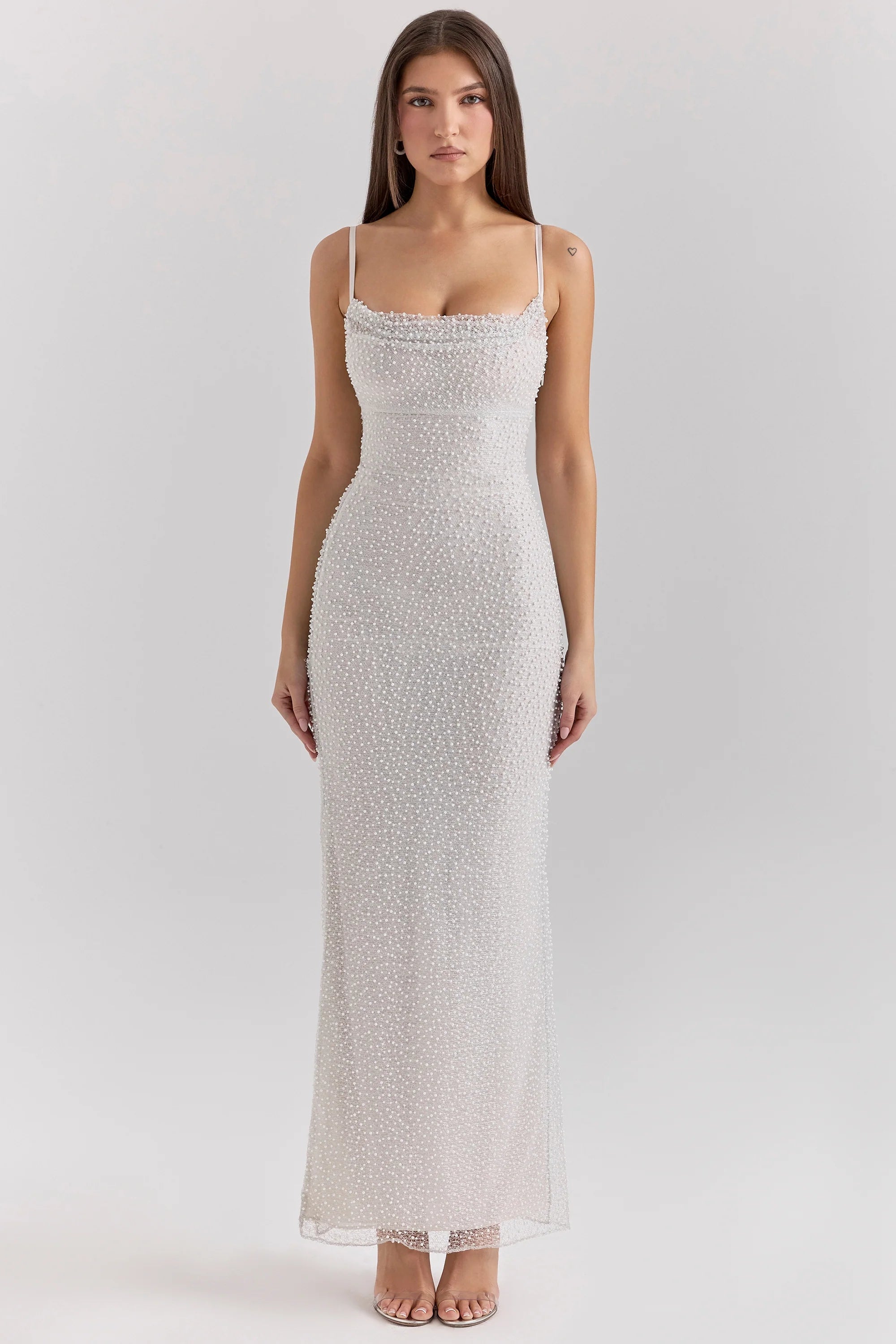 silver pearl embellished maxi dress