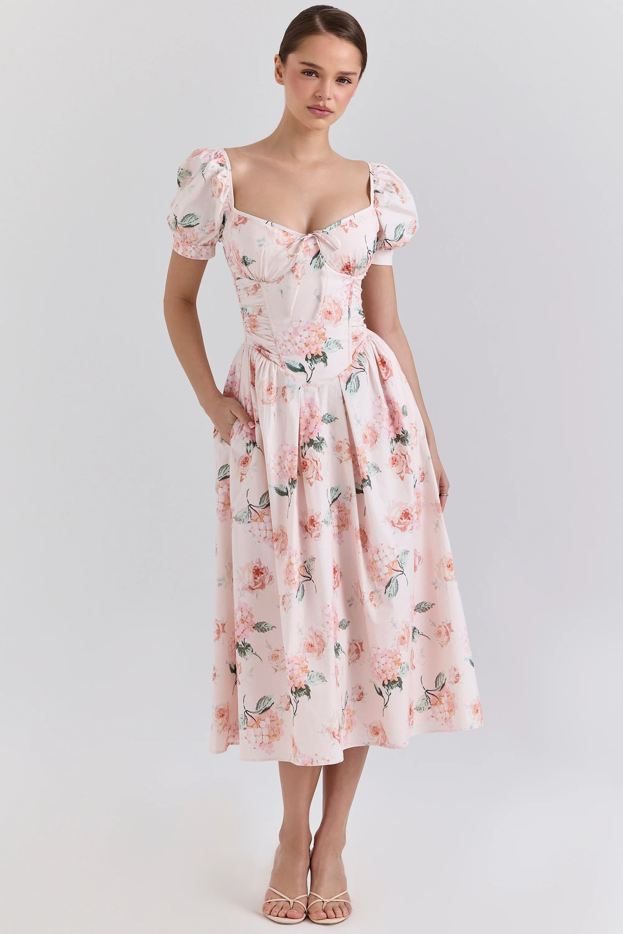 peach floral cotton puff sleeve midi dress