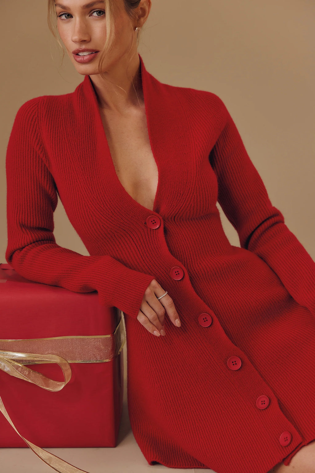 red pure new wool cardigan mini dress