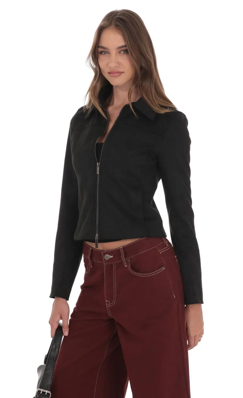 Suede Zip-Up Jacket in Black