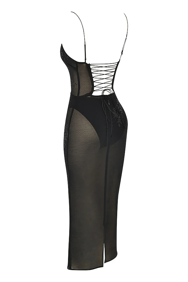 black mesh crystal embellished midi dress