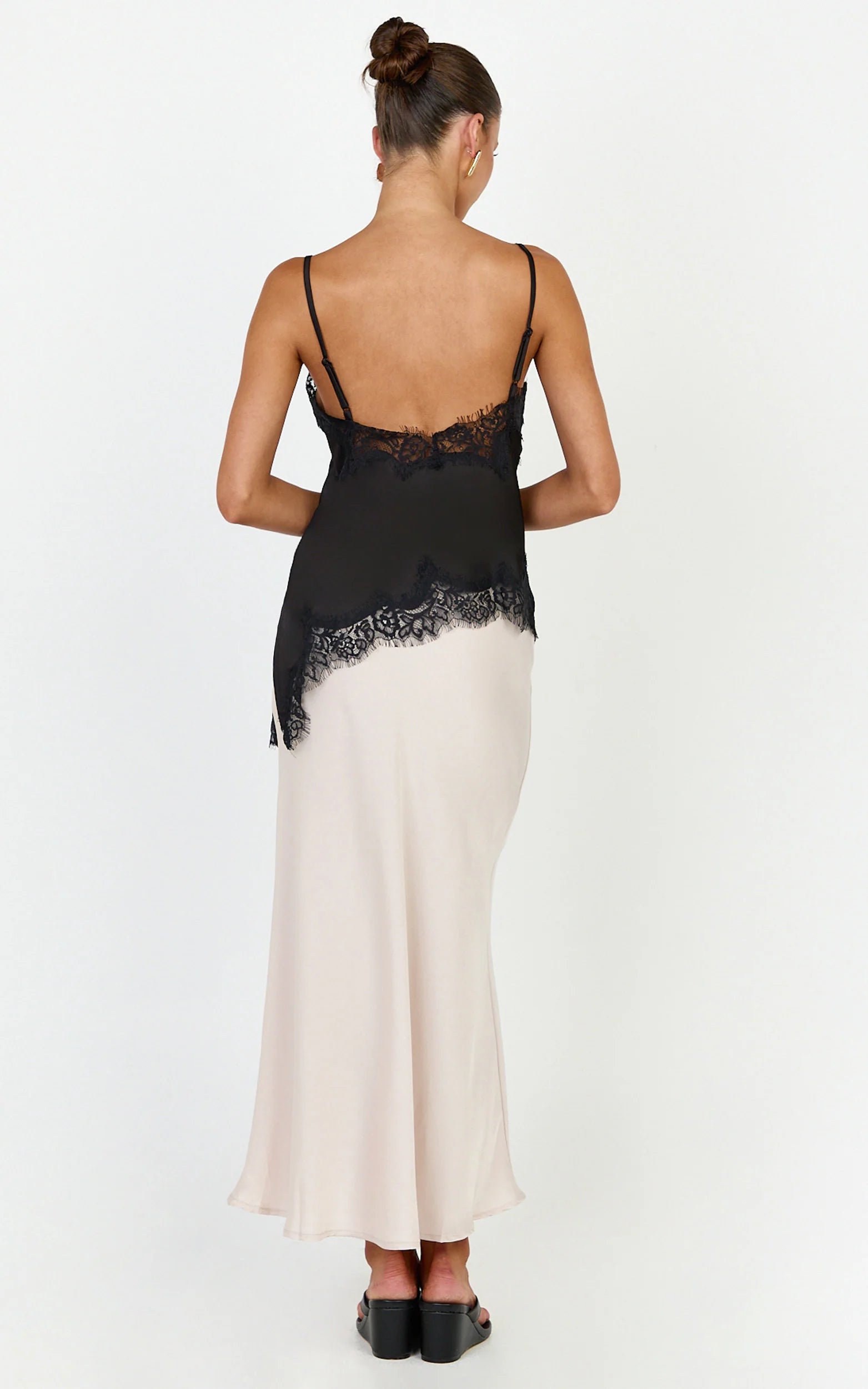 Ava Top - Lace Trim Asymmetrical Camisole Top in Black