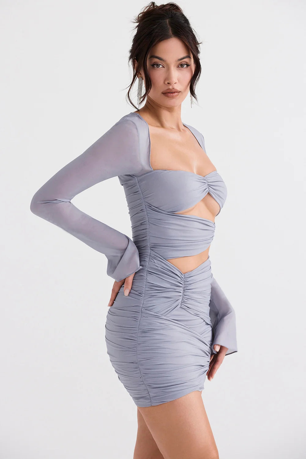 dove grey real silk mini dress