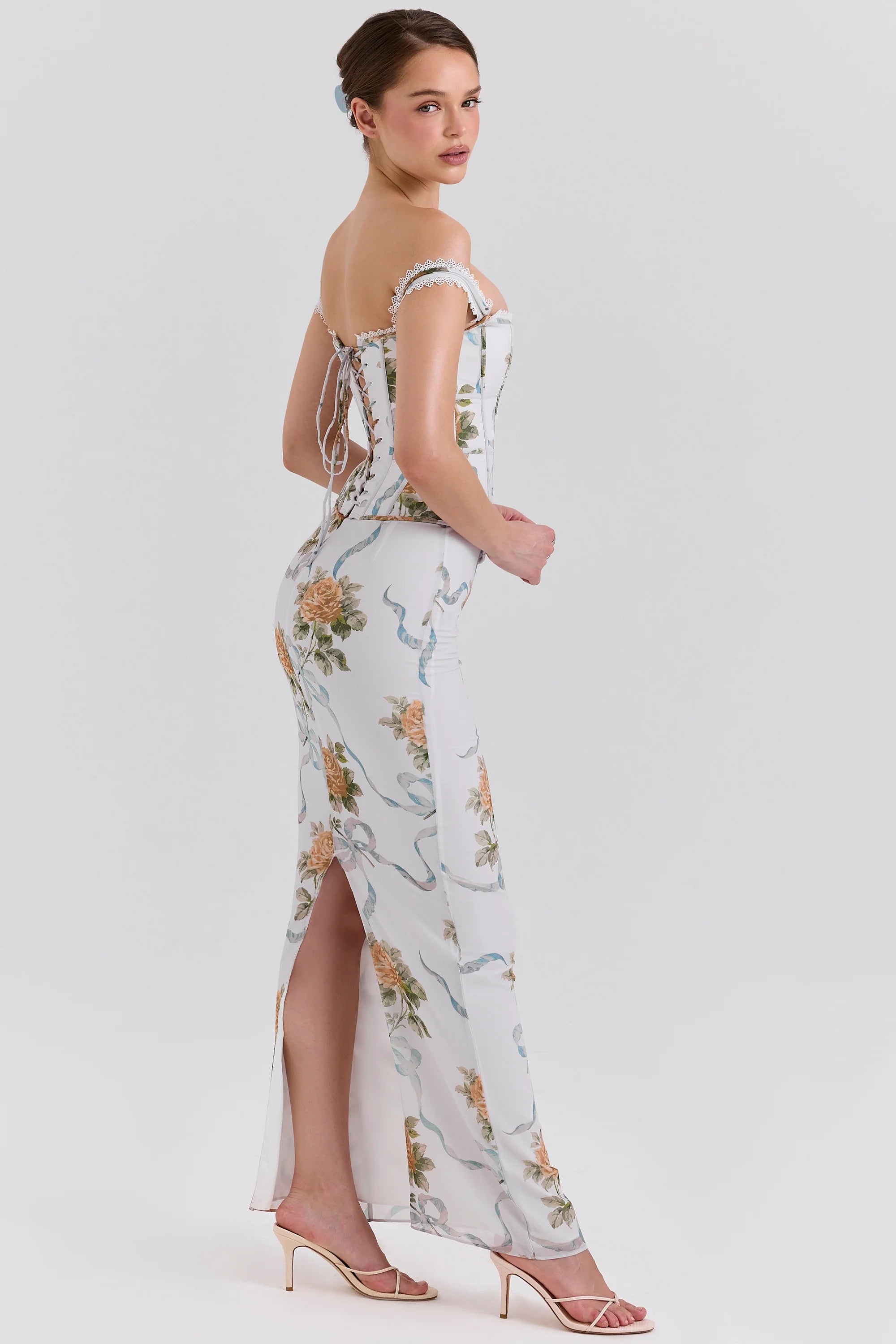 soft blue vintage print corset maxi dress
