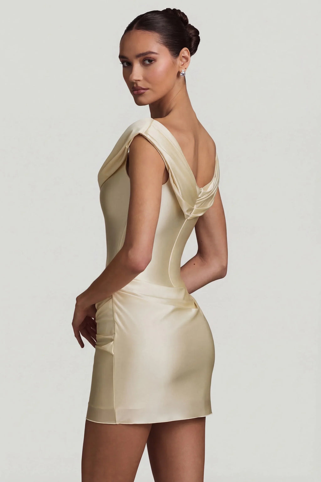 Satin Off-Shoulder Draped Mini Dress in Ivory