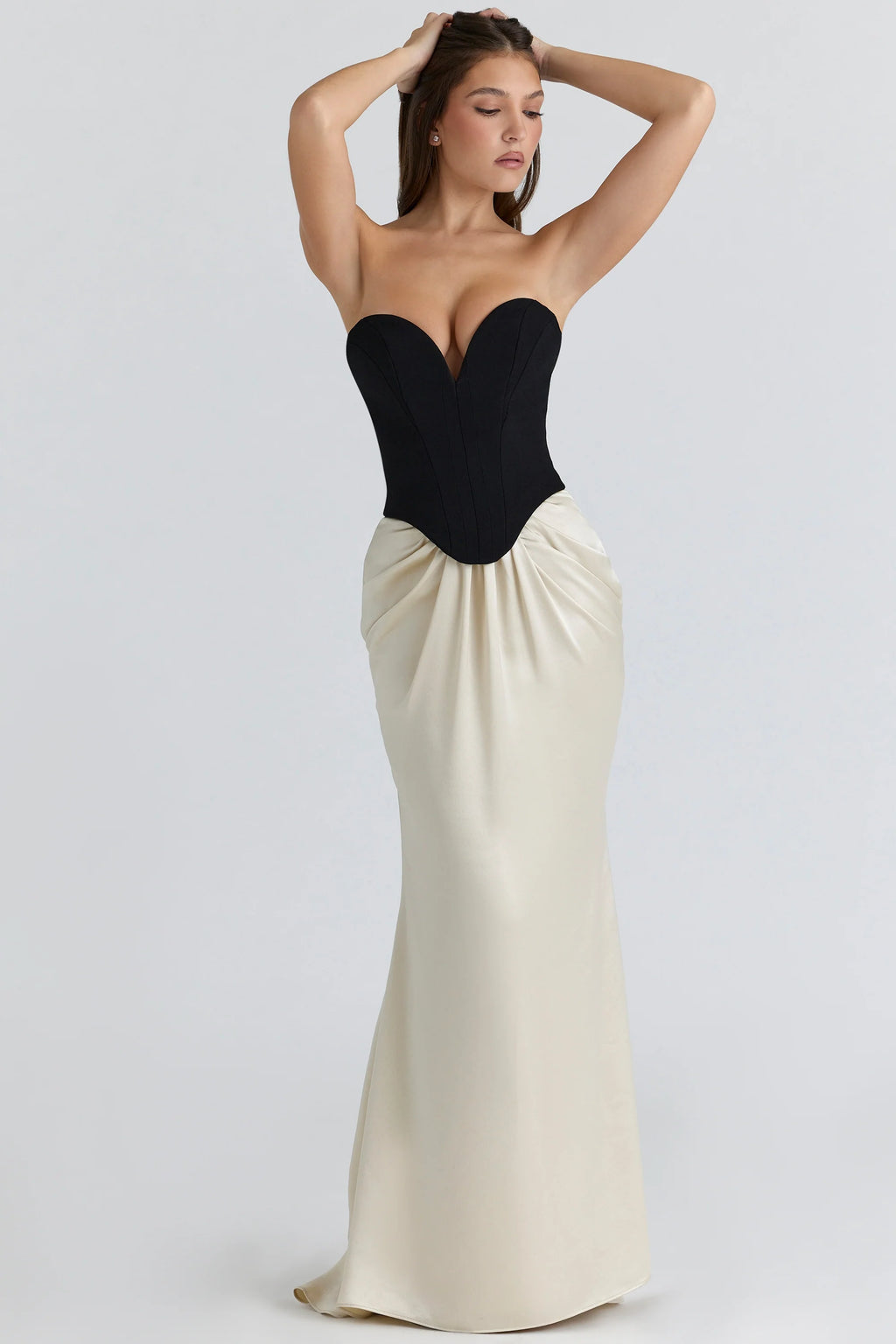 black & champagne corset maxi gown