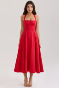 red stretch cotton button halter neck midi dress