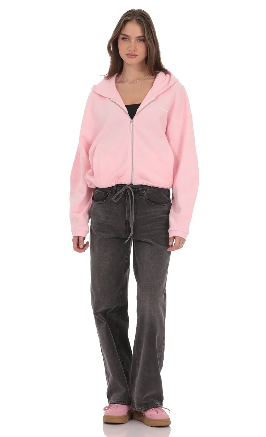 Cropped Fleece Zip-Up Hoodie in Pink