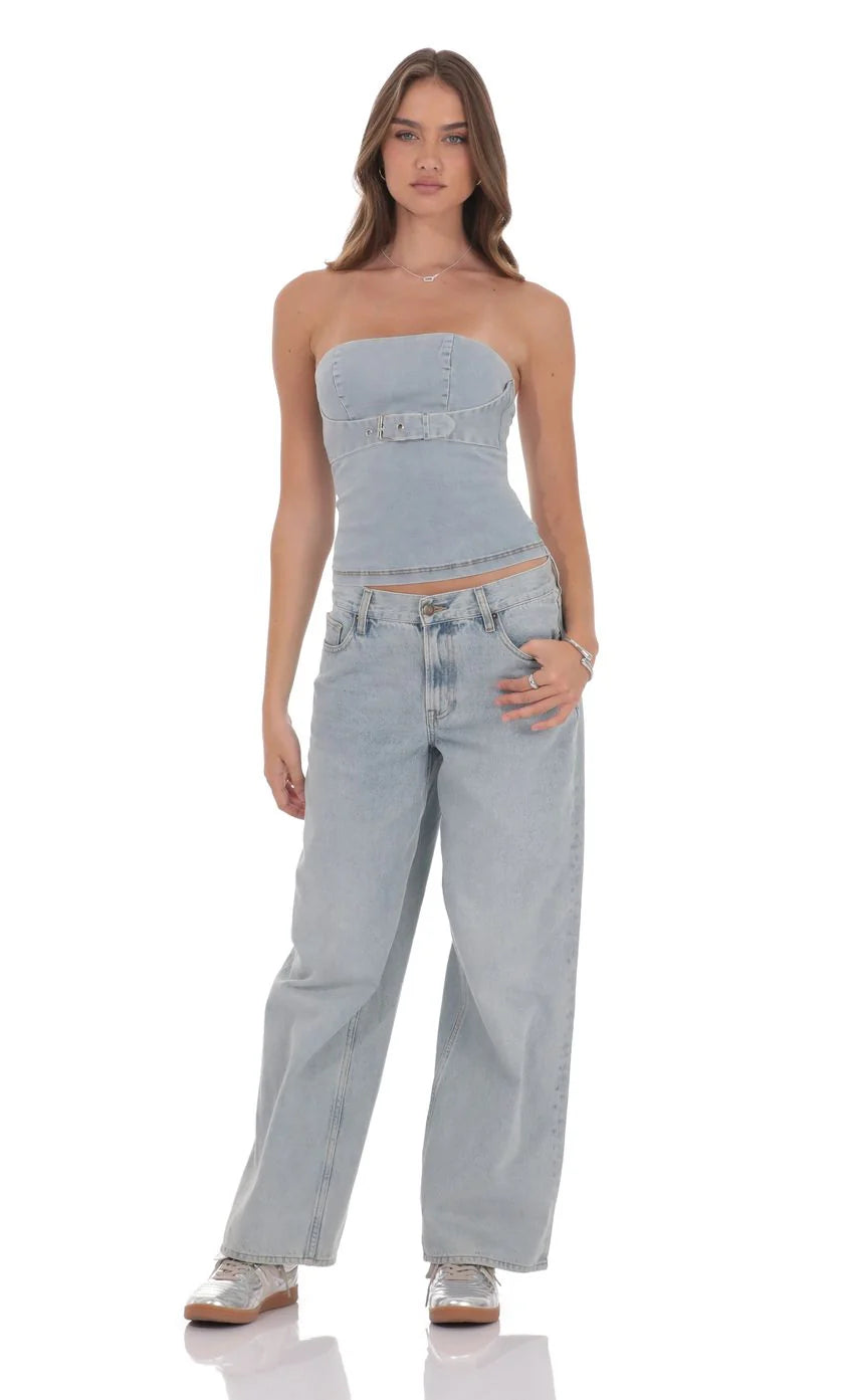 Belted Denim Top in Washed Blue