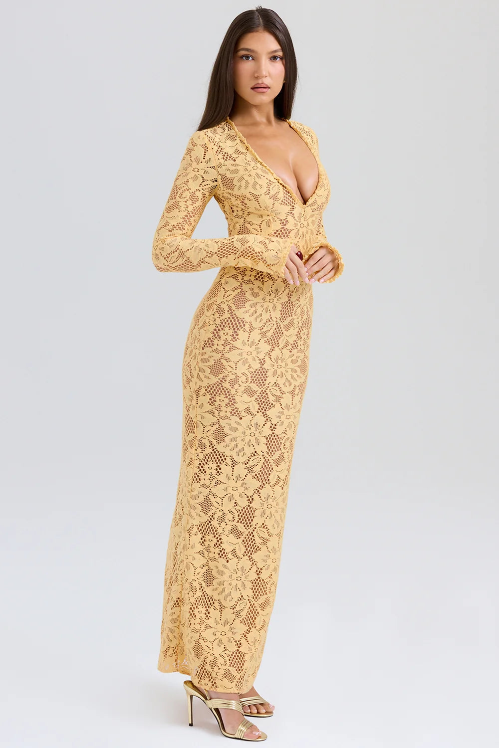 apricot plunge lace maxi dress