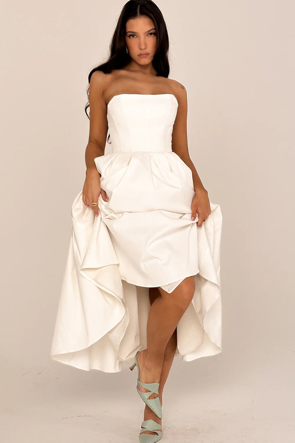 white strapless midi sundress