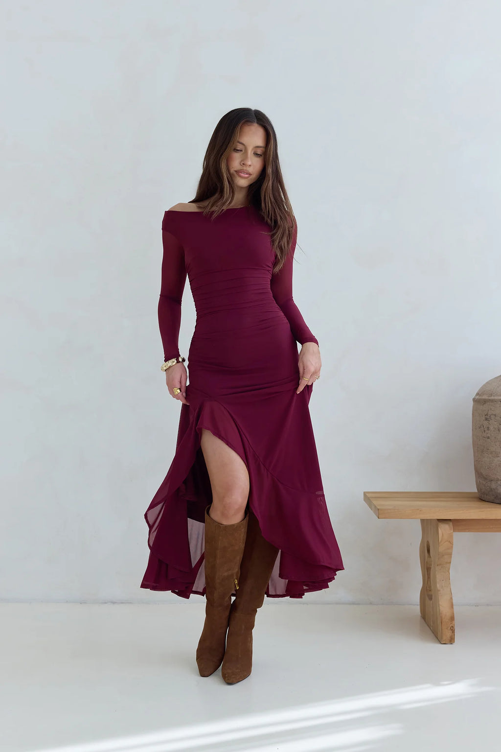 Whispered Secrets Mesh Long Sleeve Maxi Dress Wine