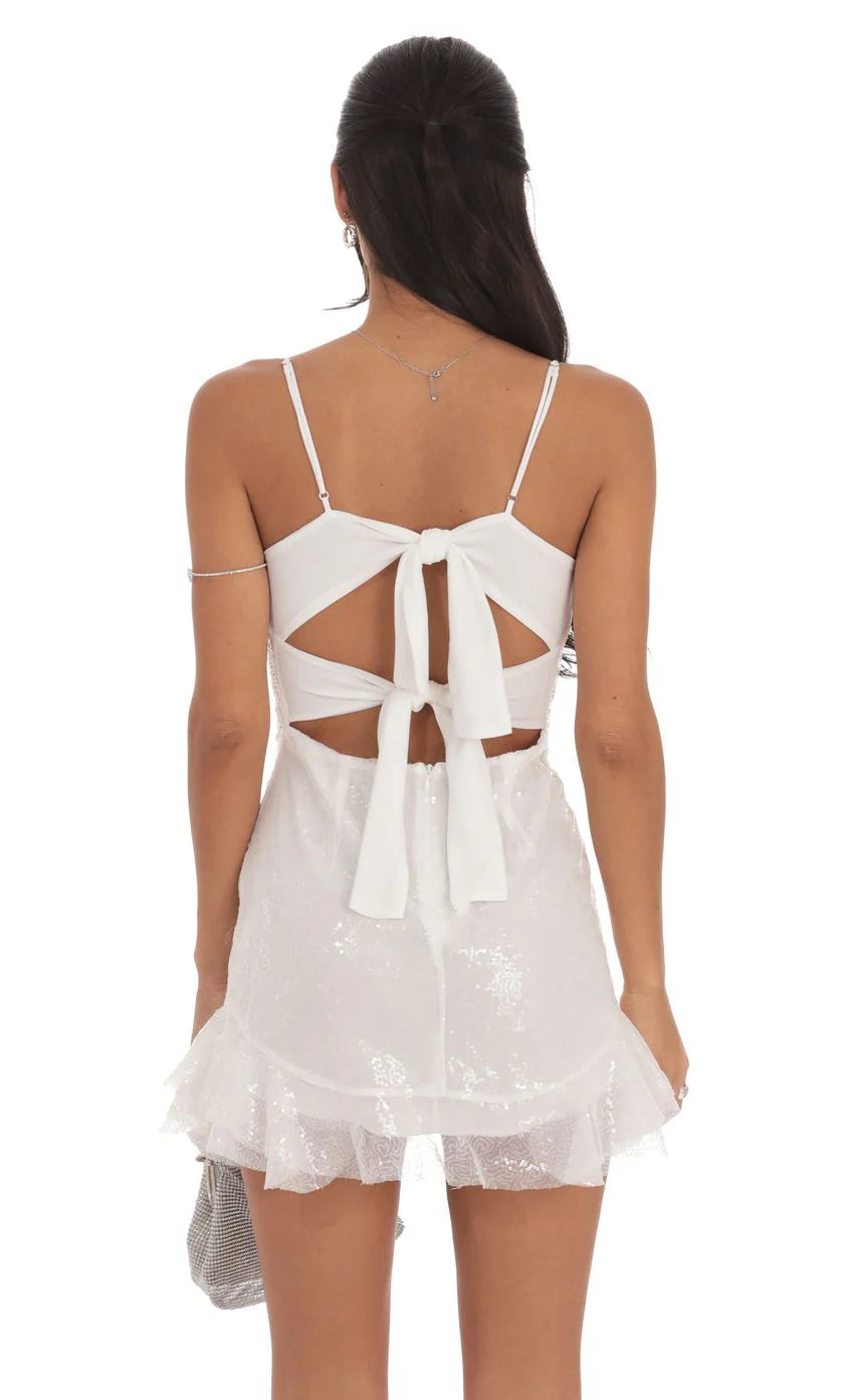 Sequin Ruffle Dress in White