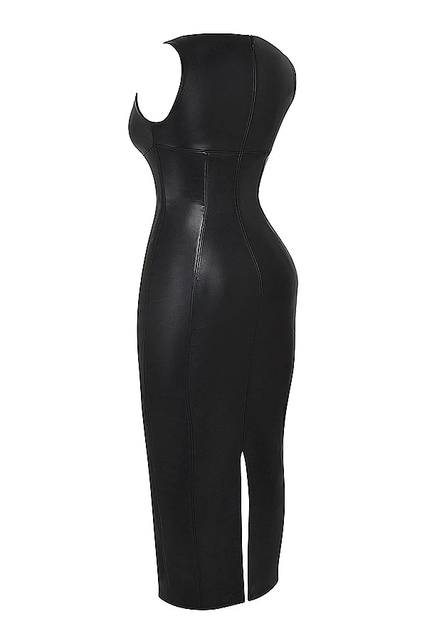 black vegan leather maxi dress