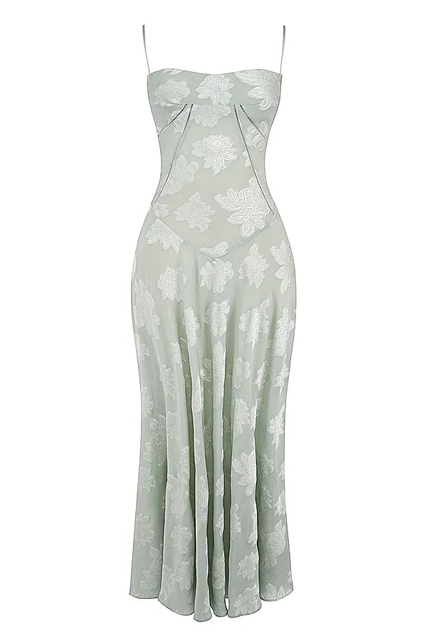 pistachio floral lace back maxi dress