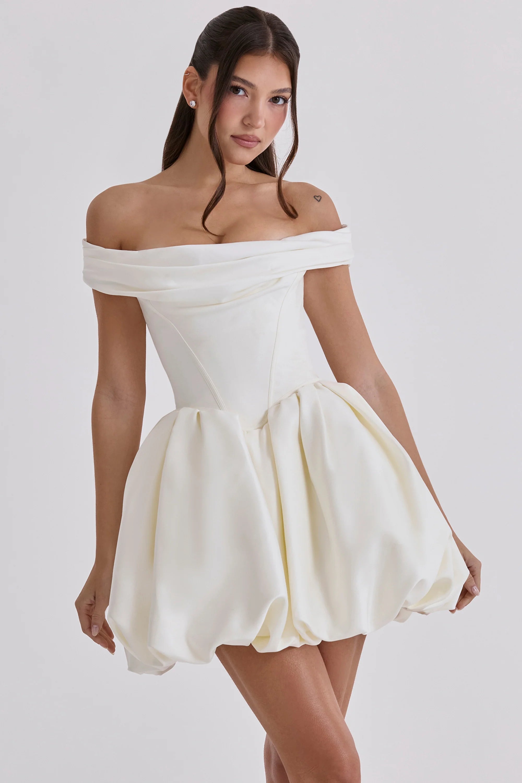 ivory satin off shoulder mini bridal gown