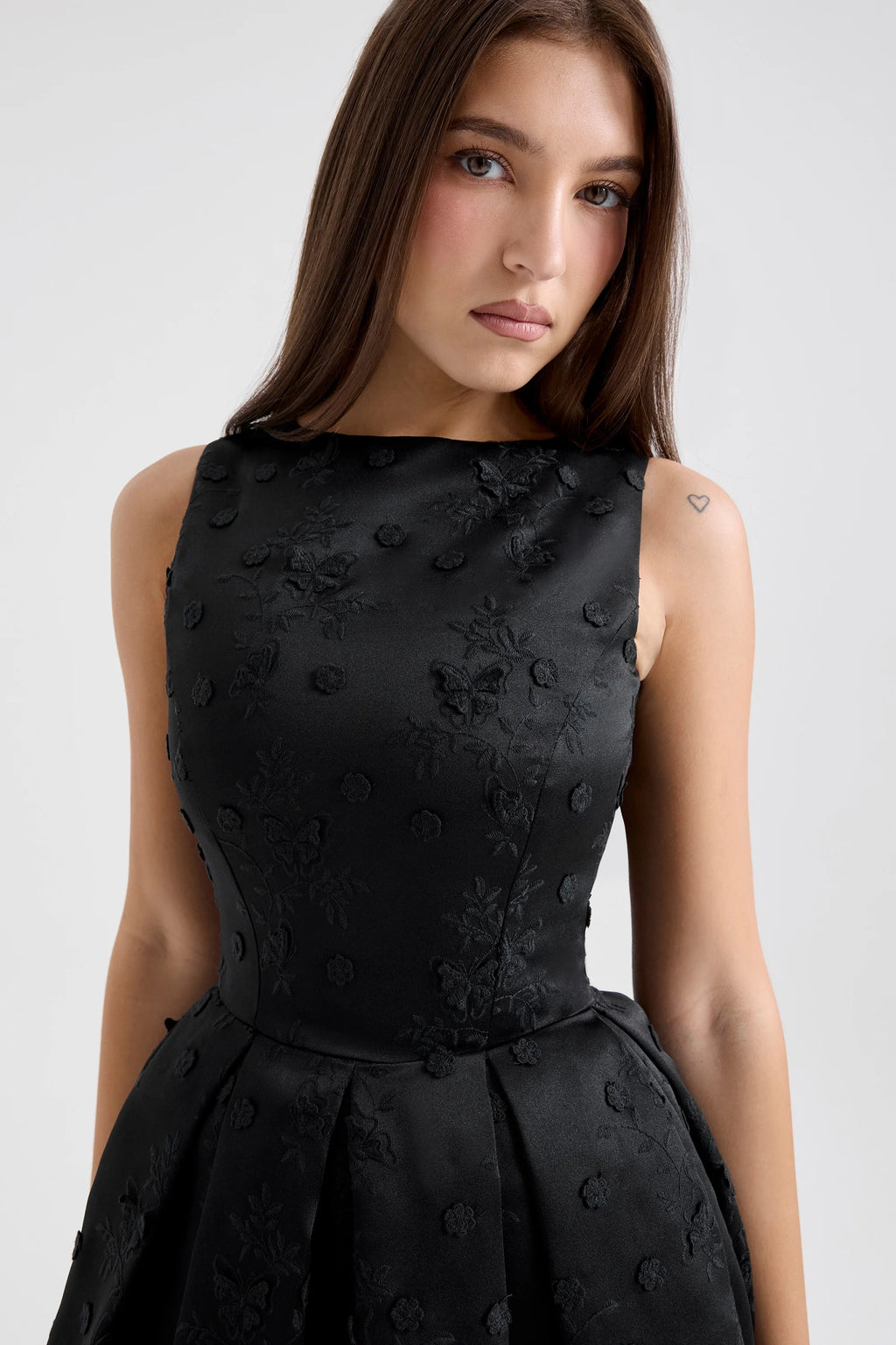 black backless embroidered mini puffball dress