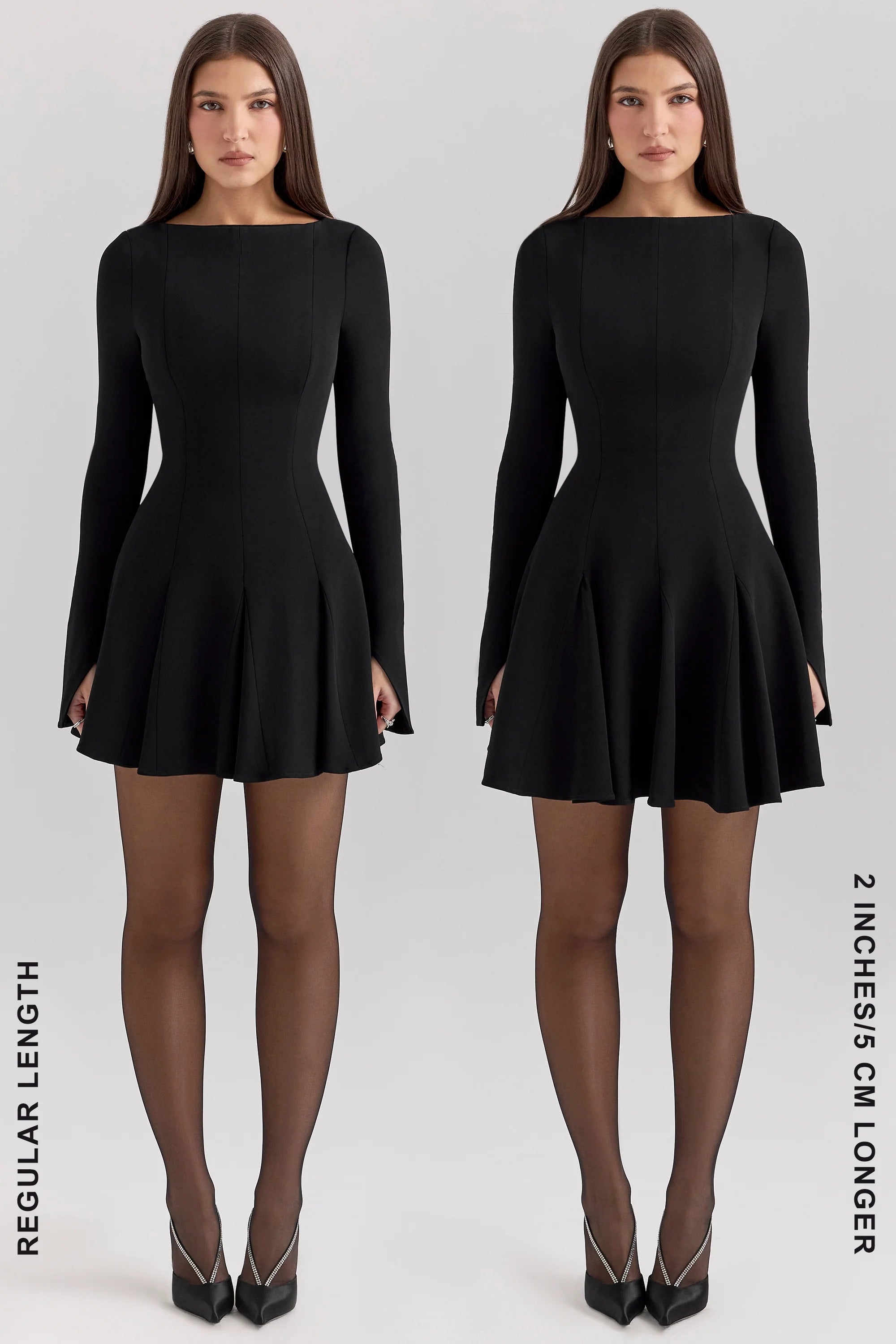 black stretch crepe godet mini dress