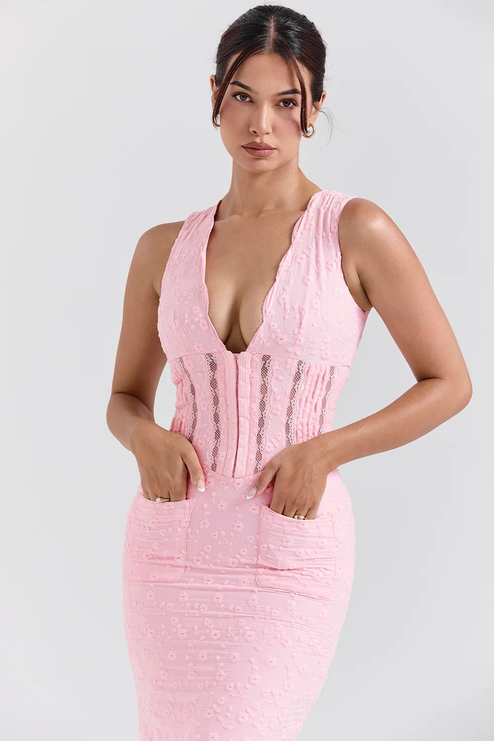 perfectly pink broderie anglais plunge maxi dress