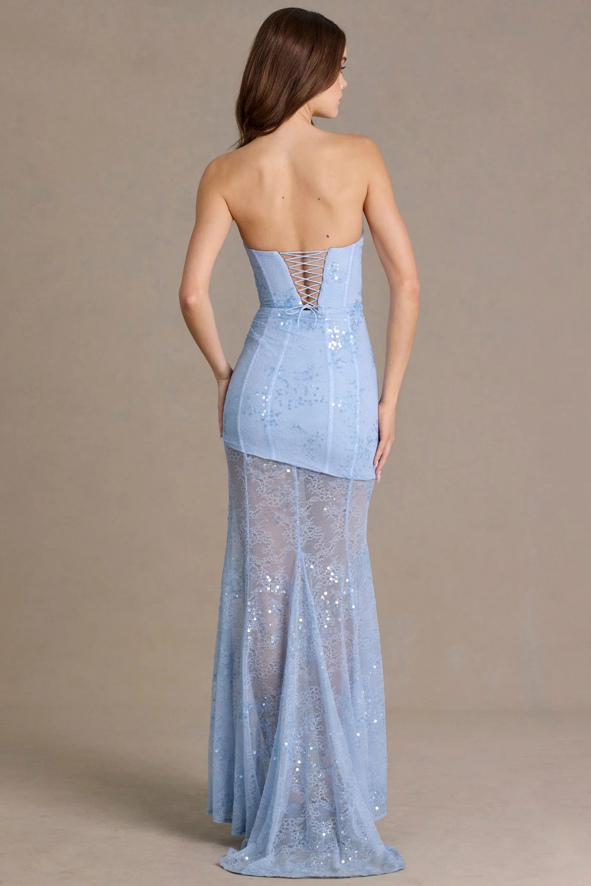 Premium Embellished Lace Corset Gown in Sky Blue