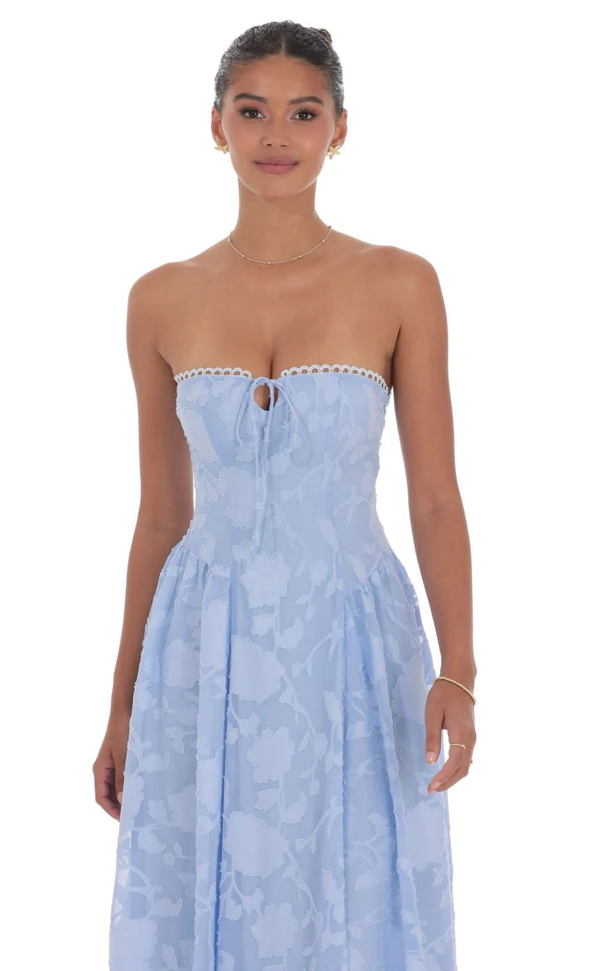Floral Lace-Up Maxi Dress in Light Blue
